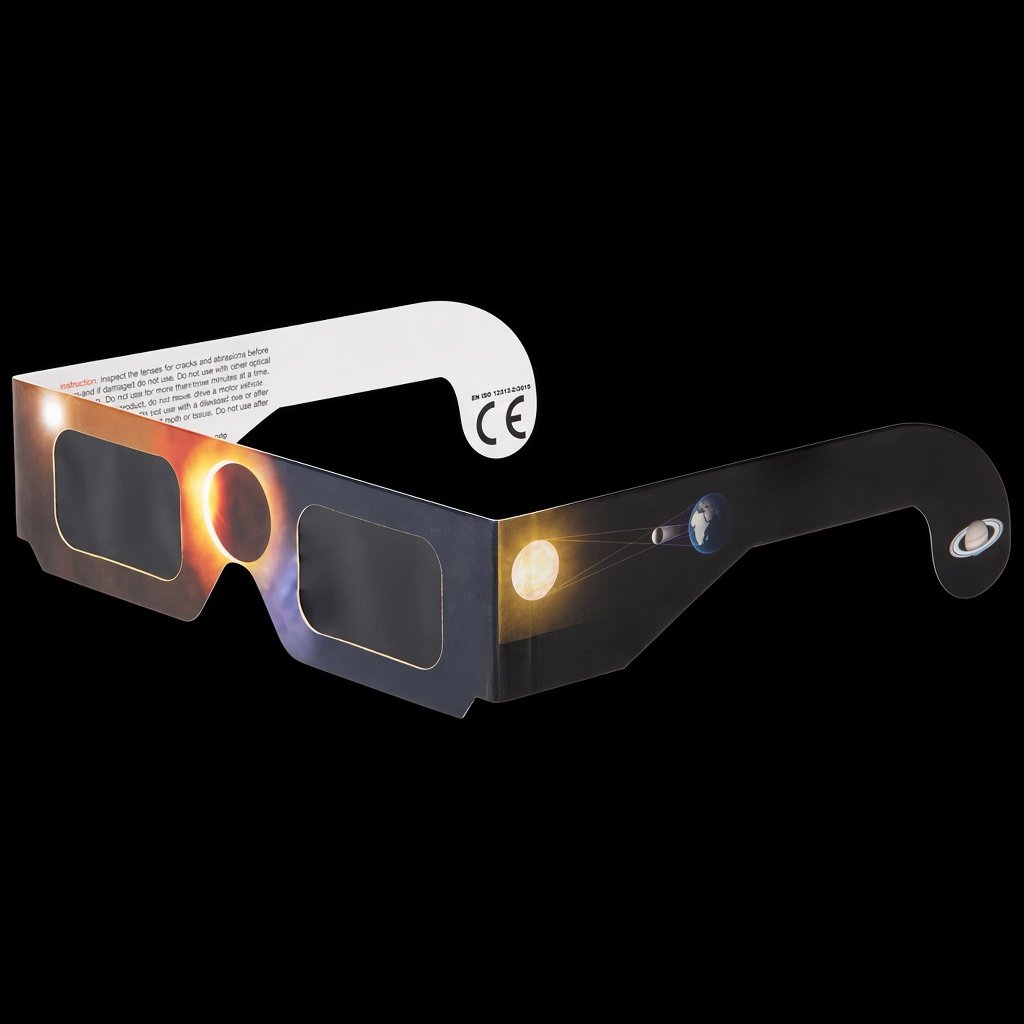 Gafas de eclipse solar Toulvision, vista de tres cuartos mostrando el marcado CE y la conformidad ISO 12312-2:2015